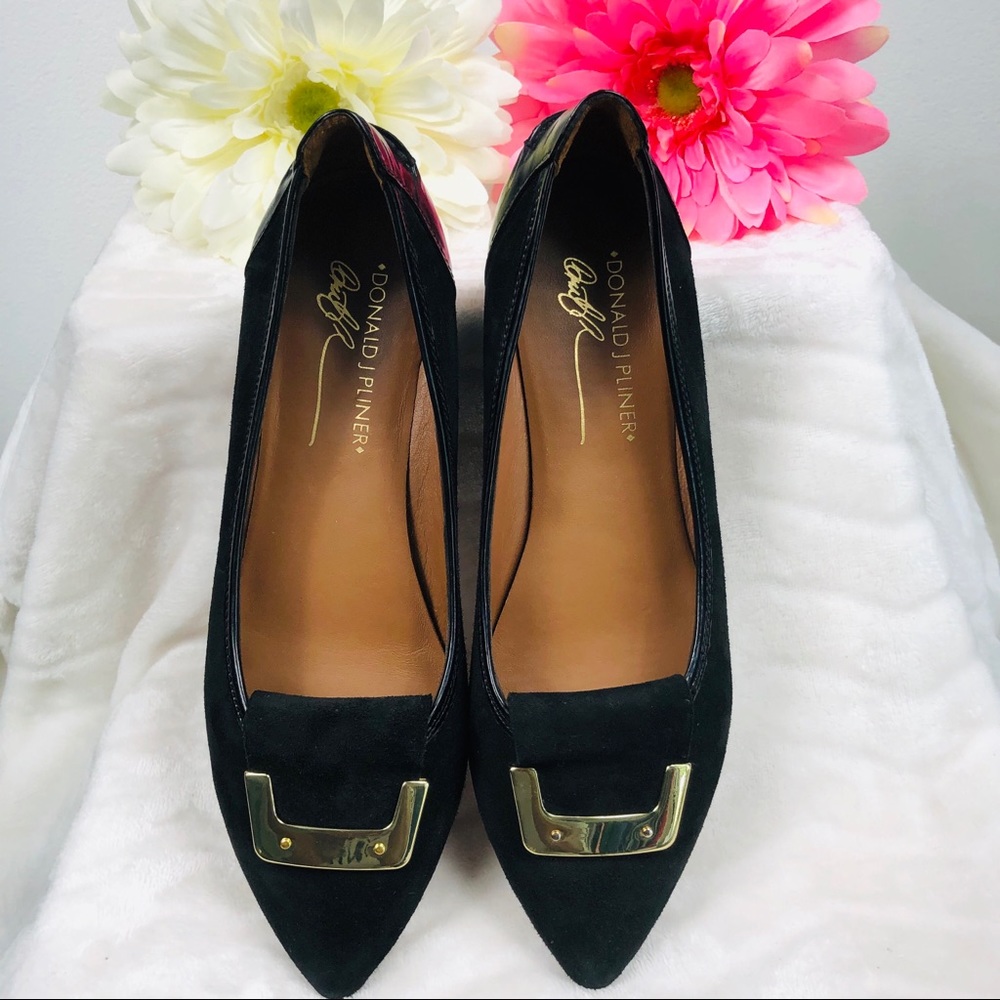 Donald J. Pliner Black Suede Wedge Flats with Gold Accent - Picture 6 of 10
